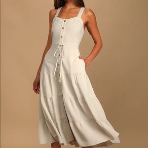 Lulus See the City Beige Button-Front Tiered Midi Dress size Small